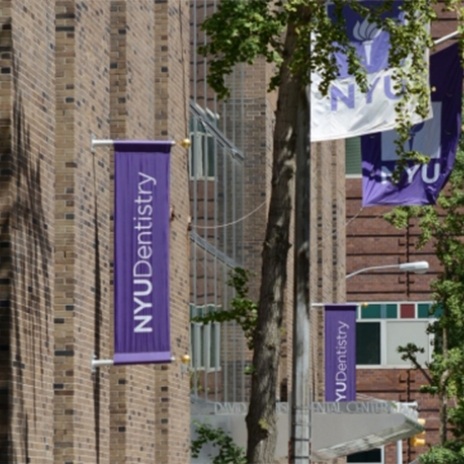 Purple N Y U Dentistry flag on side of building