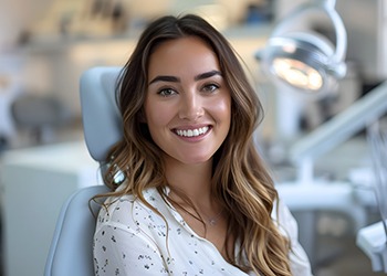 Woman smiling while sitting in treatment chair
